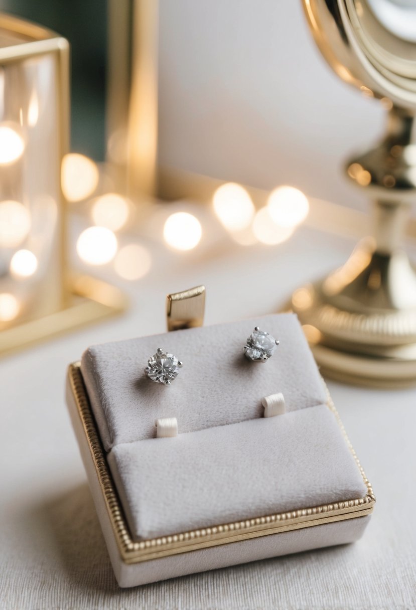 A delicate pair of stud earrings displayed on a velvet cushion, surrounded by soft lighting and elegant decor