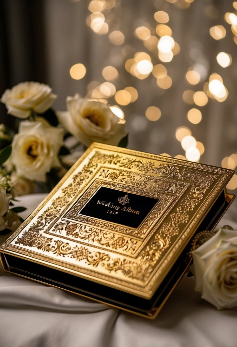 A luxurious gold foil design wedding album cover featuring intricate patterns and elegant detailing