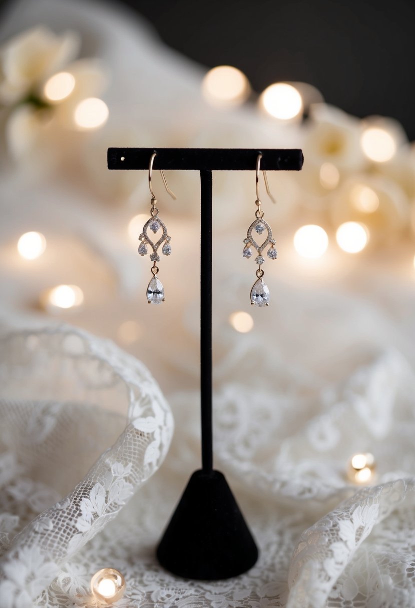 Two dainty dangle earrings hanging from a jewelry stand, surrounded by soft lighting and delicate lace fabric