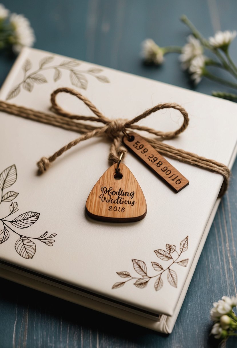 A rustic wooden charm dangles from a twine bow on a handmade wedding album cover, surrounded by delicate floral and leaf motifs