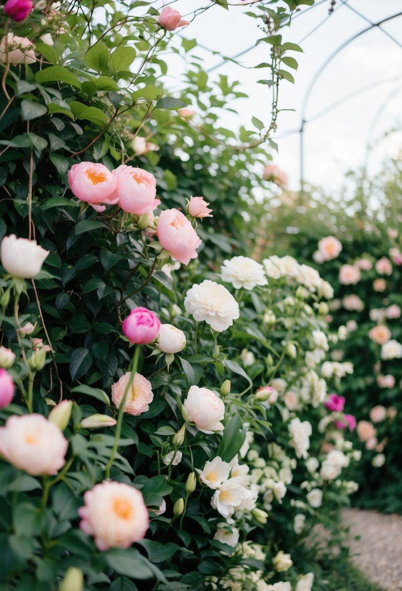 A lush garden with blooming roses, peonies, and lilies intertwined with delicate vines and leaves, creating a romantic floral pattern