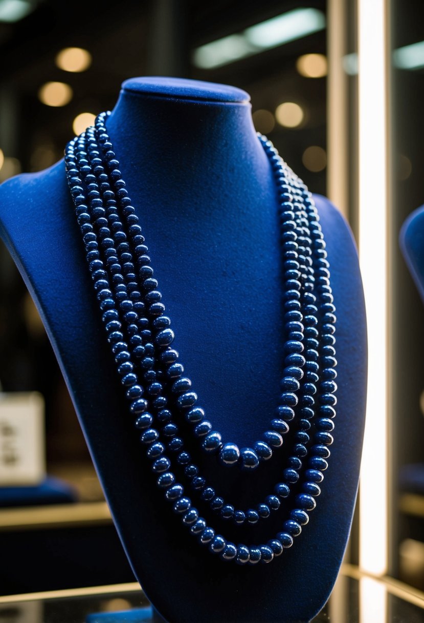 A midnight blue beaded necklace drapes elegantly over a velvet display, catching the light with its intricate details