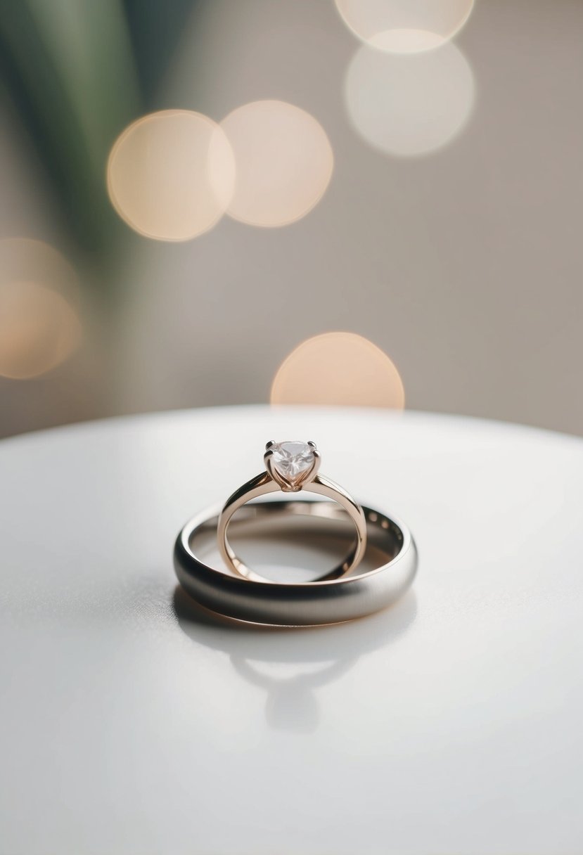 A simple, elegant wedding ring resting on a smooth, white surface, with soft natural lighting