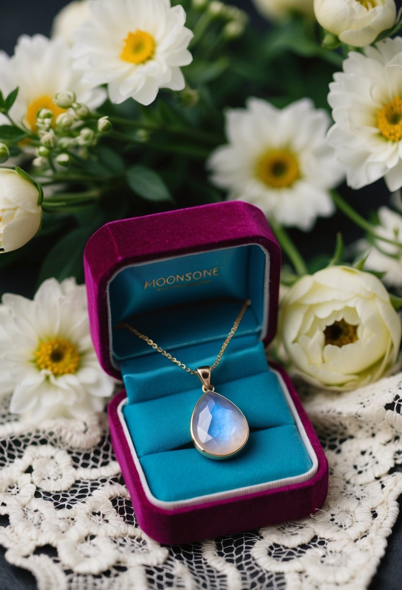 A moonstone pendant necklace resting on a velvet jewelry box, surrounded by delicate lace and fresh flowers