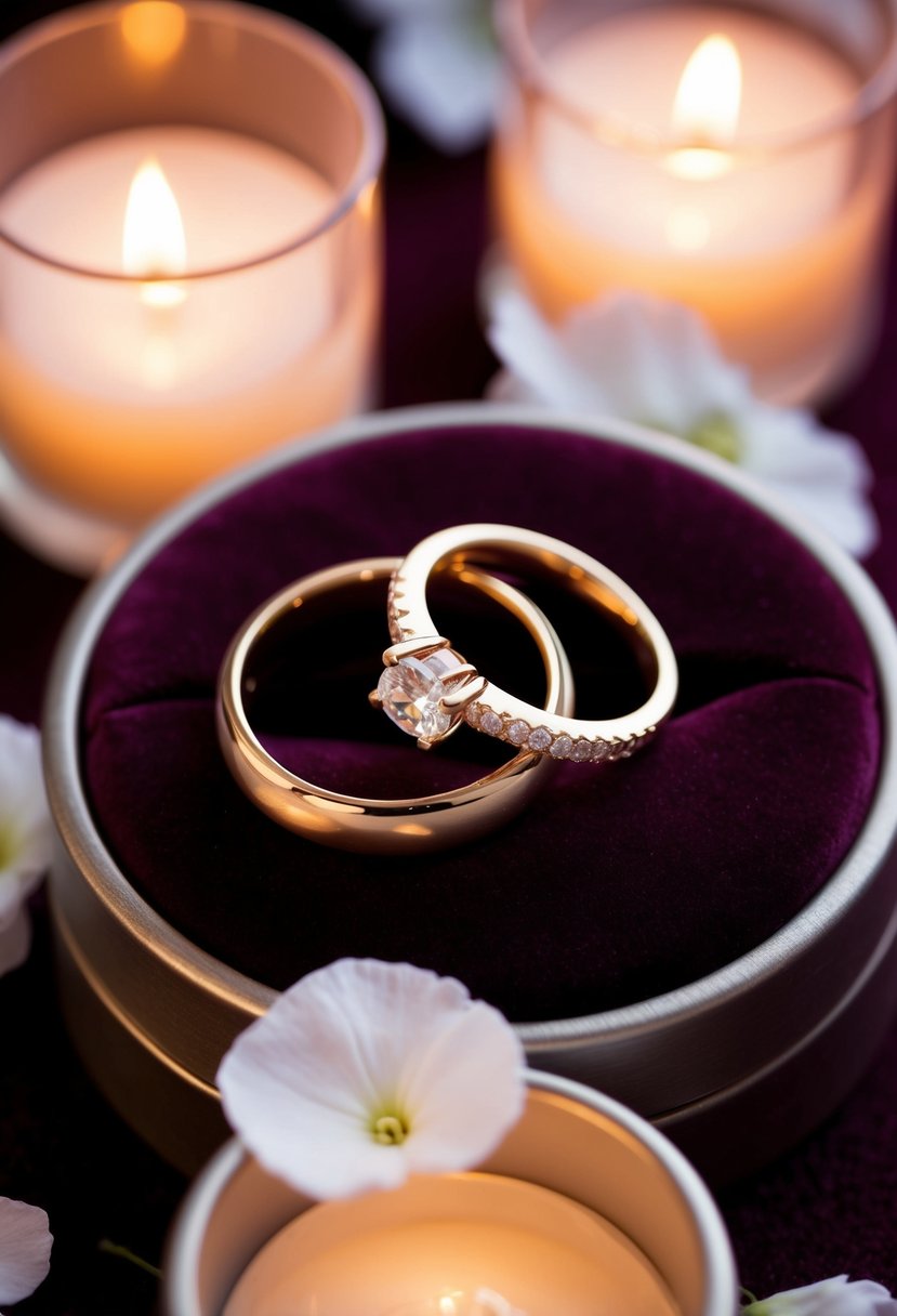 A pair of elegant gold wedding rings placed on a deep burgundy velvet background, surrounded by soft candlelight