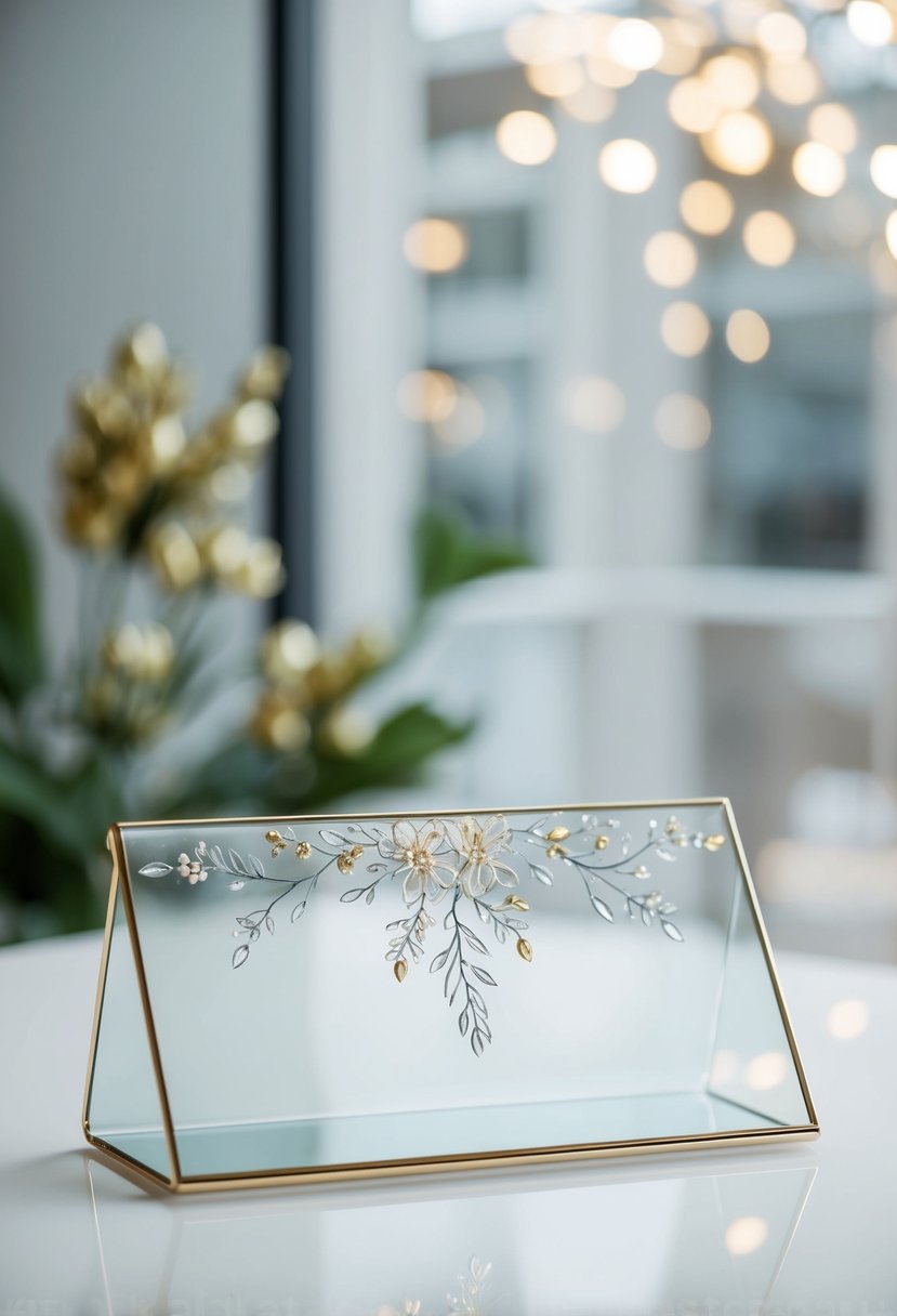 A sleek glass cover with elegant, minimalist design, adorned with a delicate floral motif in silver and gold accents