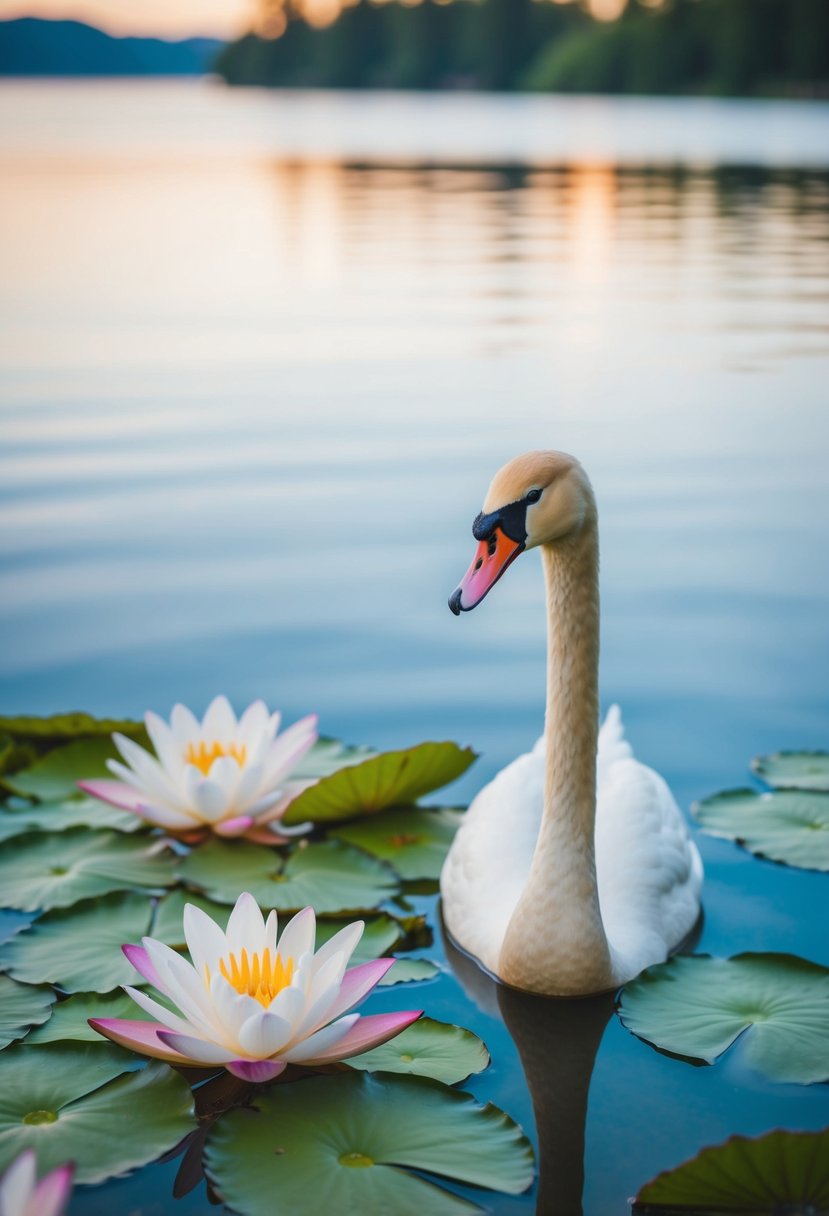 A serene lakeside with blooming water lilies and a graceful swan in the foreground