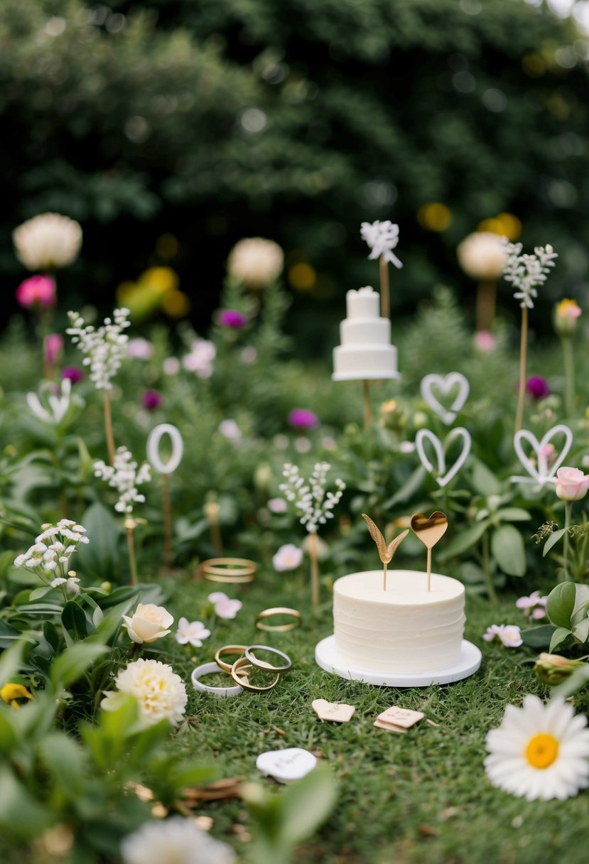 A garden with scattered wedding-themed items like rings, flowers, and cake toppers hidden among the greenery and decorations