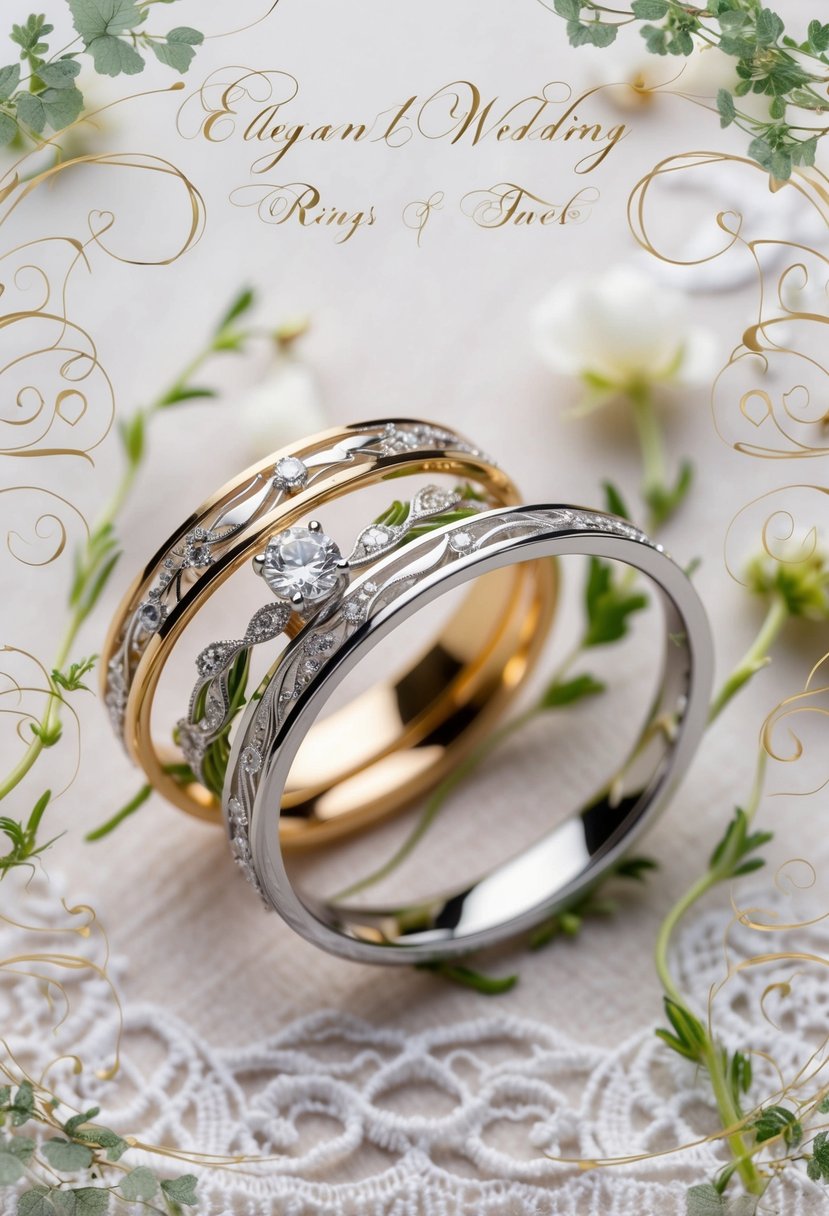 A pair of elegant wedding rings intertwined with delicate floral vines, surrounded by swirling calligraphy and intricate lace details