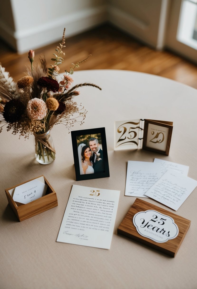 A table adorned with mementos from 25 years of marriage: a wedding photo, love letters, and a bouquet of dried flowers