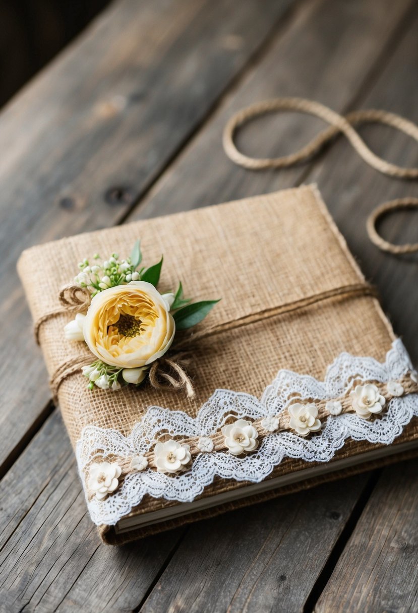 A burlap and lace wedding album cover with rustic flowers and twine accents