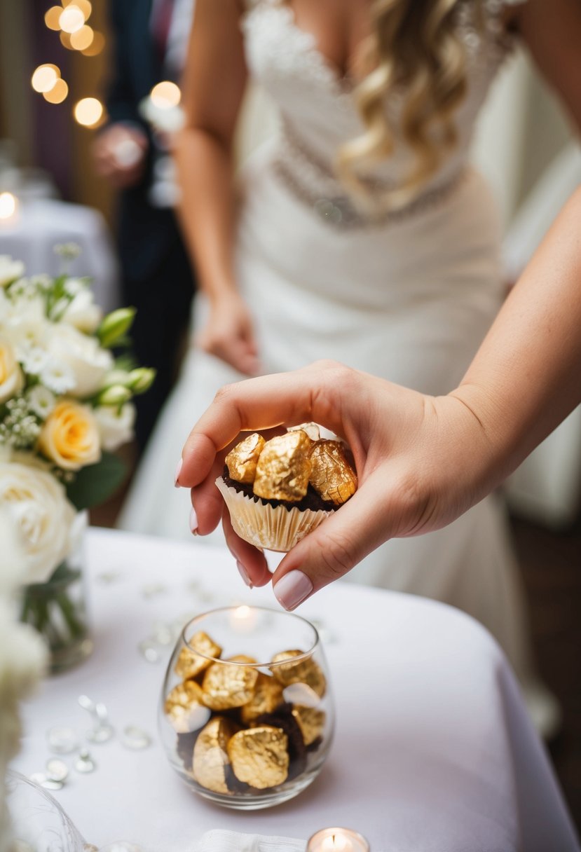 A bride's hand reaches for a treat hidden among wedding decorations