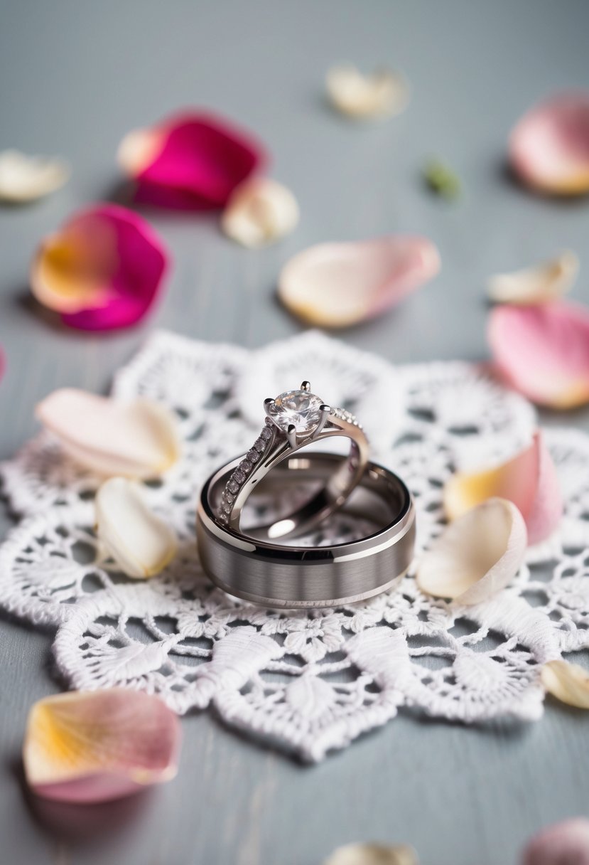 A pair of elegant wedding rings resting on a bed of delicate white lace, surrounded by a scattering of rose petals