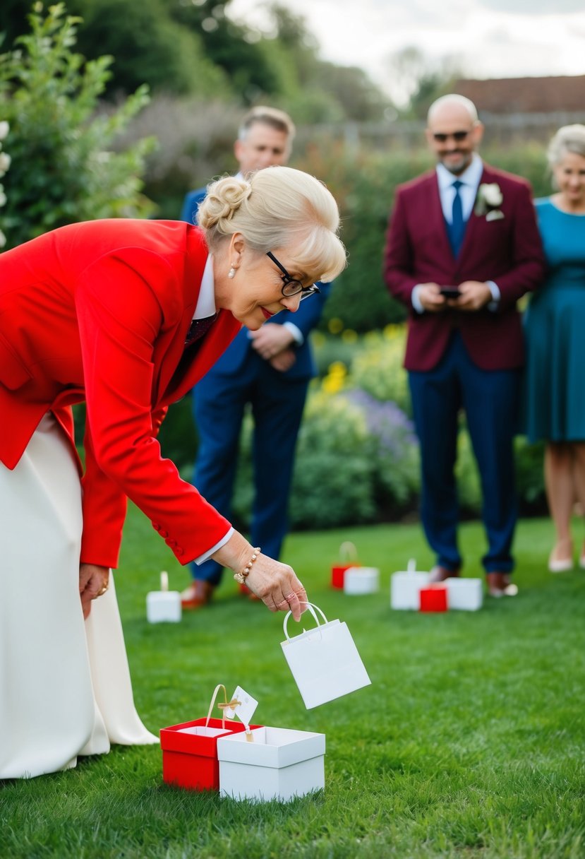 A bright red wedding guest searches for hidden items in a garden