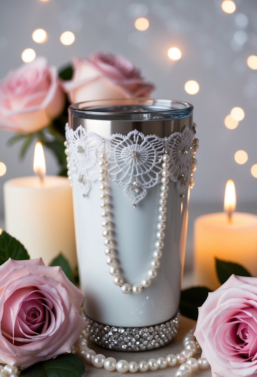 An elegant tumbler adorned with delicate white lace and shimmering pearls, surrounded by soft pink roses and flickering candlelight