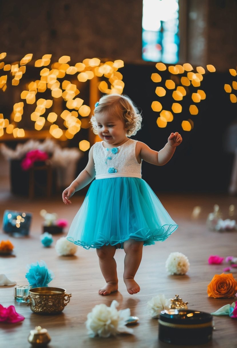 A toddler dances among scattered wedding items