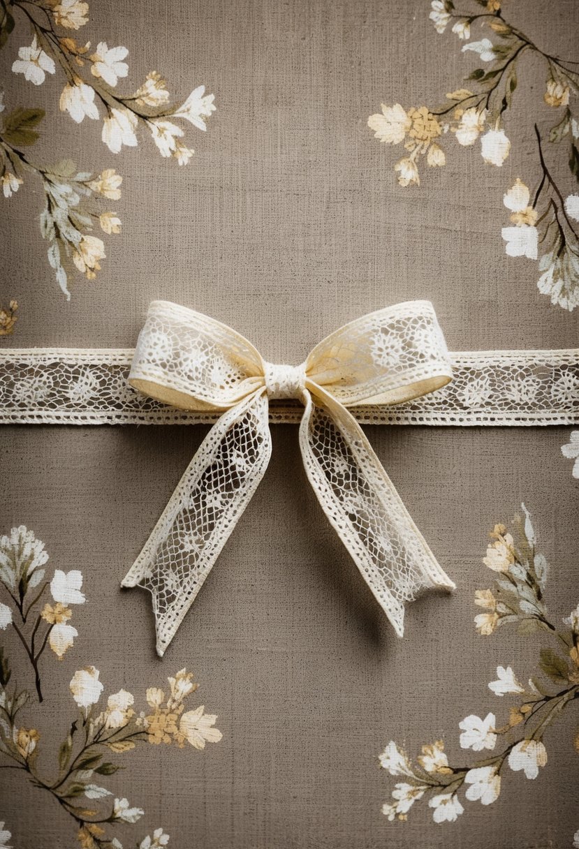 A rustic, textured canvas with delicate floral patterns and a lace ribbon tied in a bow