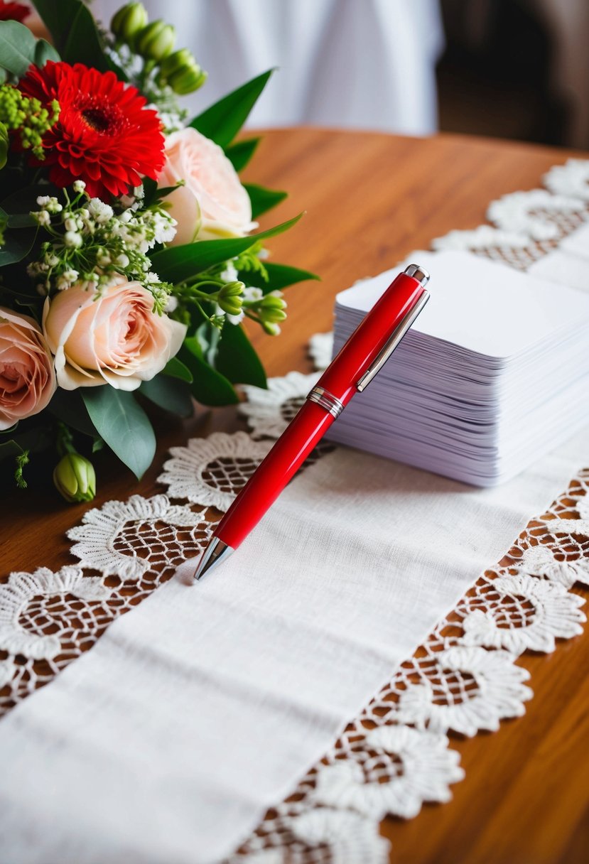 A vibrant red pen sits atop a lace table runner next to a bouquet of flowers and a stack of blank place cards