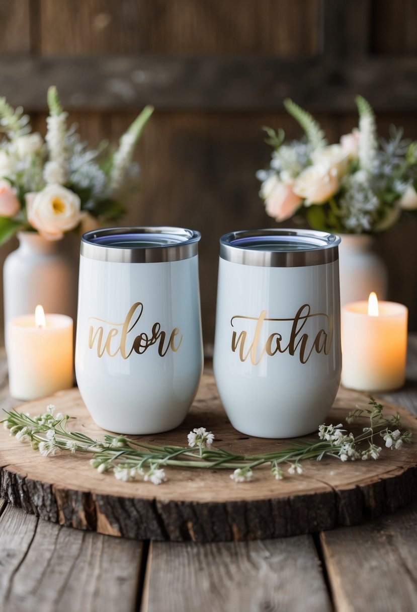 A pair of personalized stemless wedding tumblers sit on a rustic wooden table, surrounded by delicate floral arrangements and soft candlelight