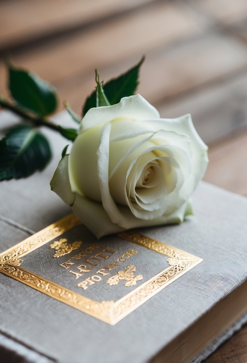 A single white rose resting on a linen-bound book with a gold embossed title