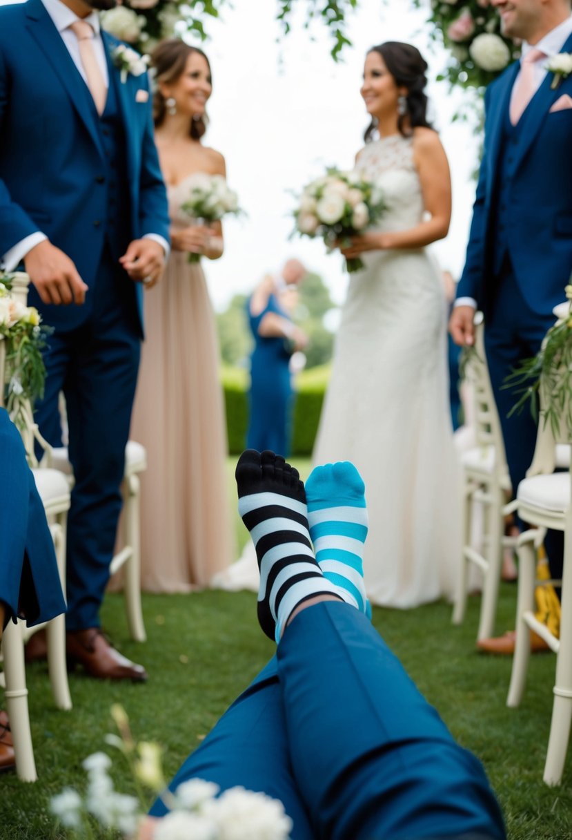 A person wearing mismatched socks at a wedding, surrounded by elegant decor and other well-dressed guests