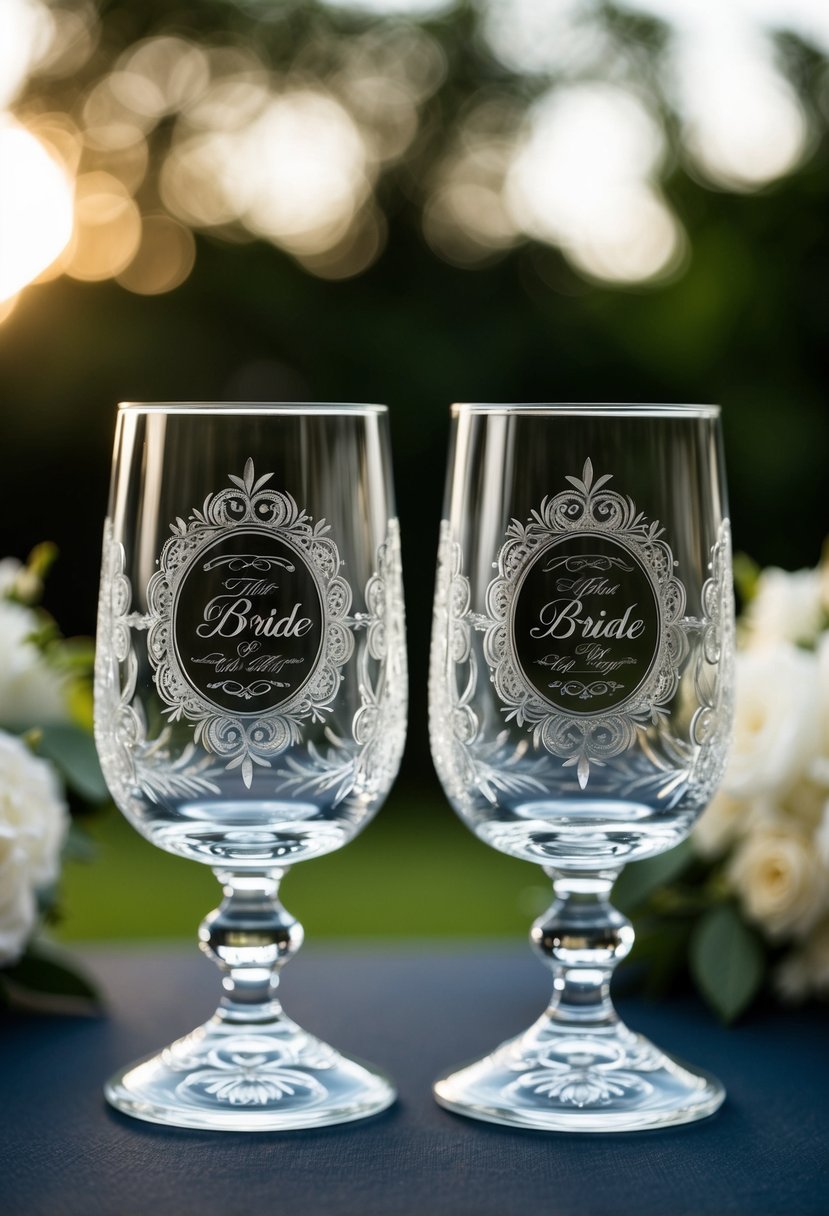 A pair of elegant, matching tumblers with intricate engravings, symbolizing the union of a bride and groom