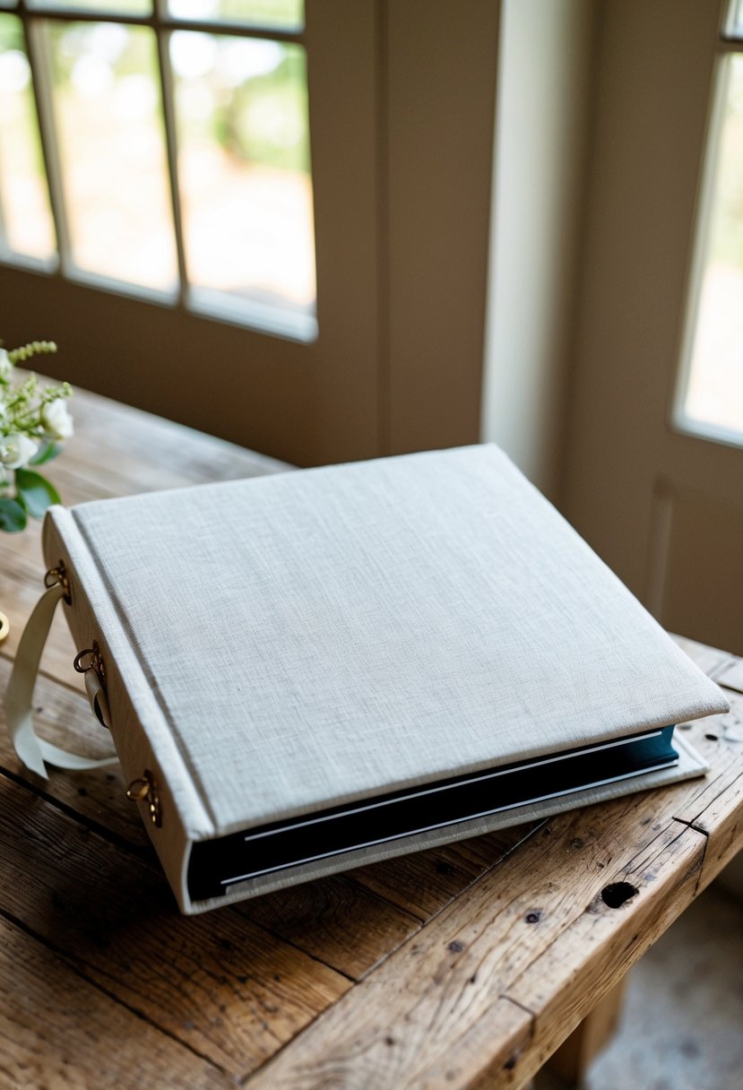 A chic linen-covered wedding album displayed on a rustic wooden table with soft natural lighting