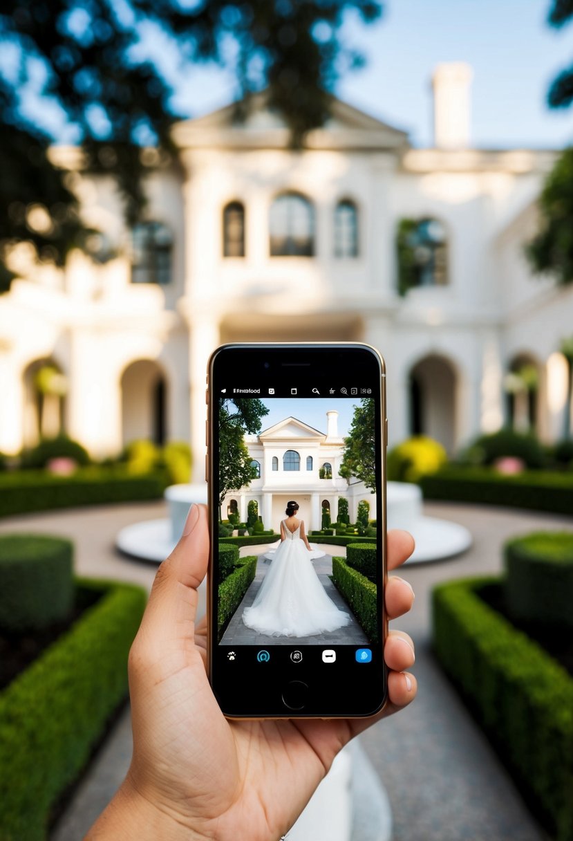 A smartphone positioned in front of a wedding venue, capturing the elegant architecture and lush surroundings