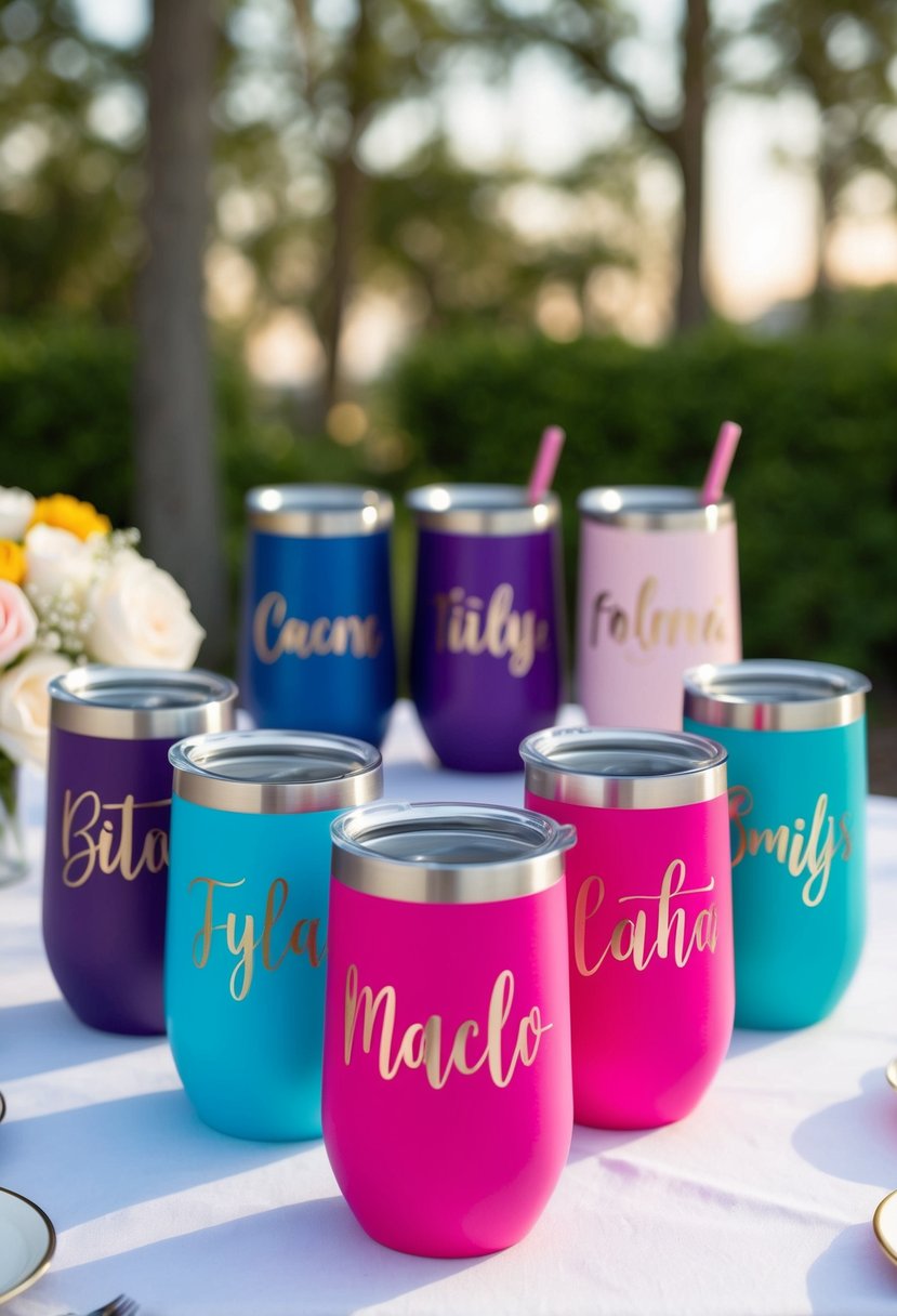 A table set with personalized bridesmaid tumblers in various colors and designs, each featuring a different name