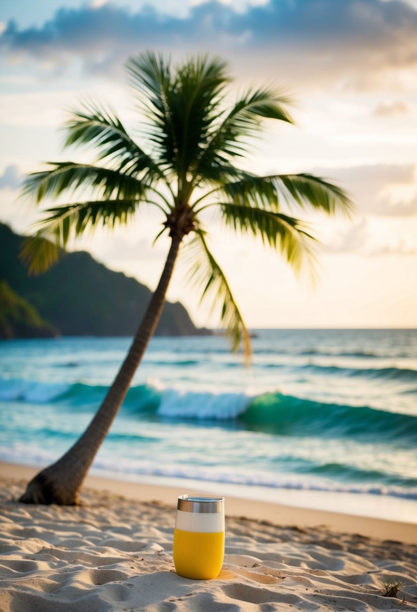 A tropical beach setting with a palm tree, ocean waves, and a wedding tumbler placed on the sand