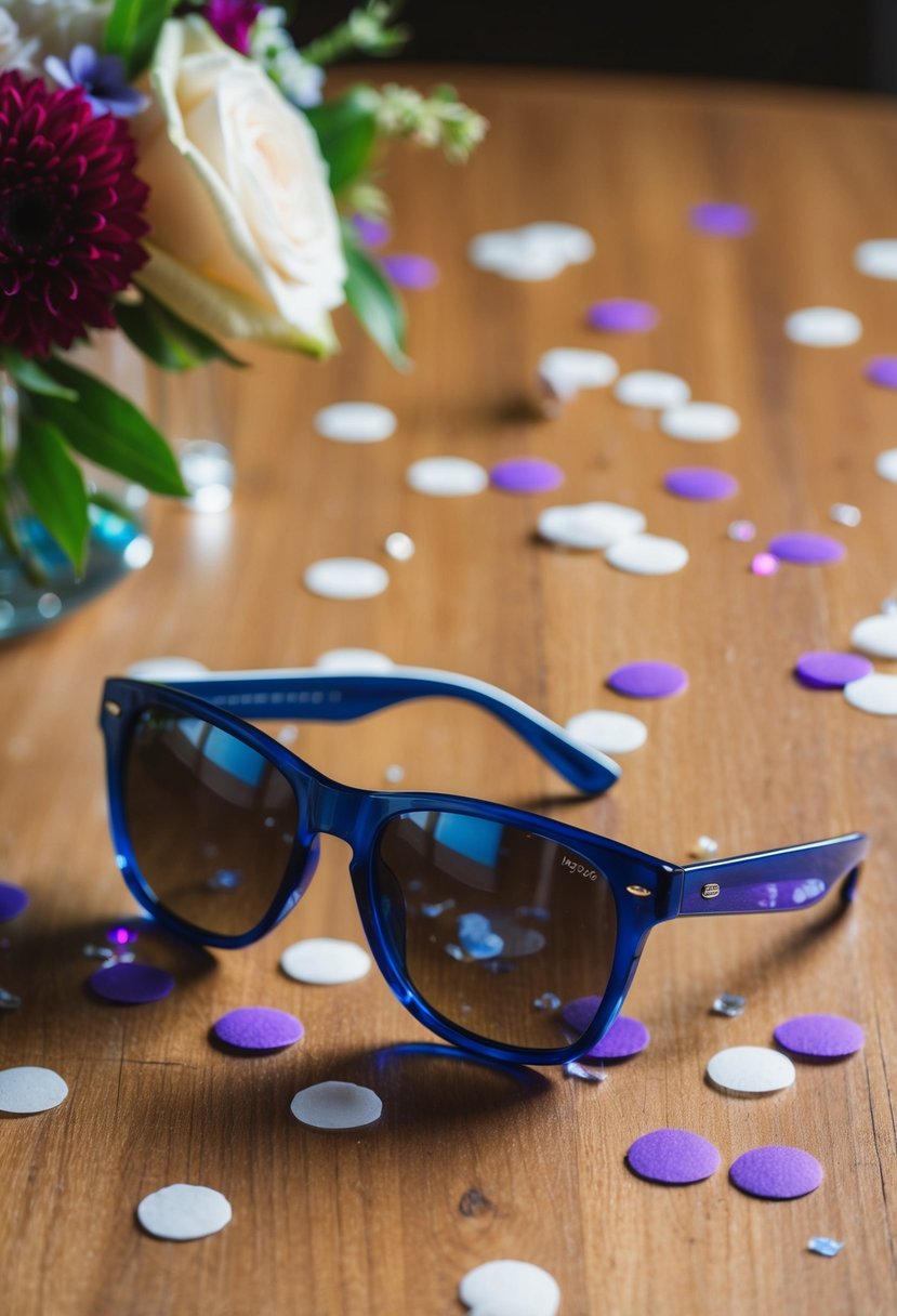 A pair of sunglasses sit on a wooden table, surrounded by scattered confetti and a floral centerpiece