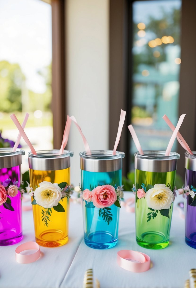 A table with colorful acrylic tumblers, adorned with floral designs and ribbons, arranged as bridesmaid gifts for a DIY wedding