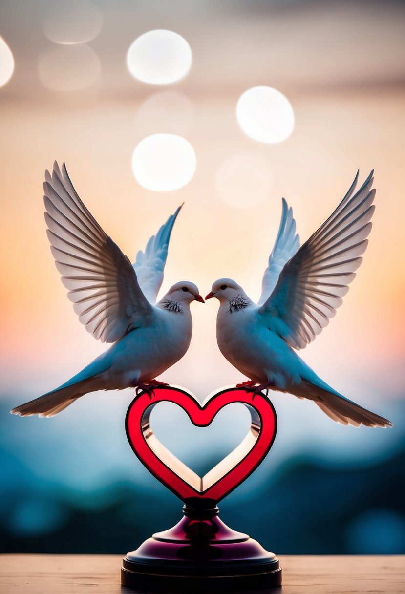 A couple of doves perched on a heart-shaped pedestal, facing each other with their wings outstretched