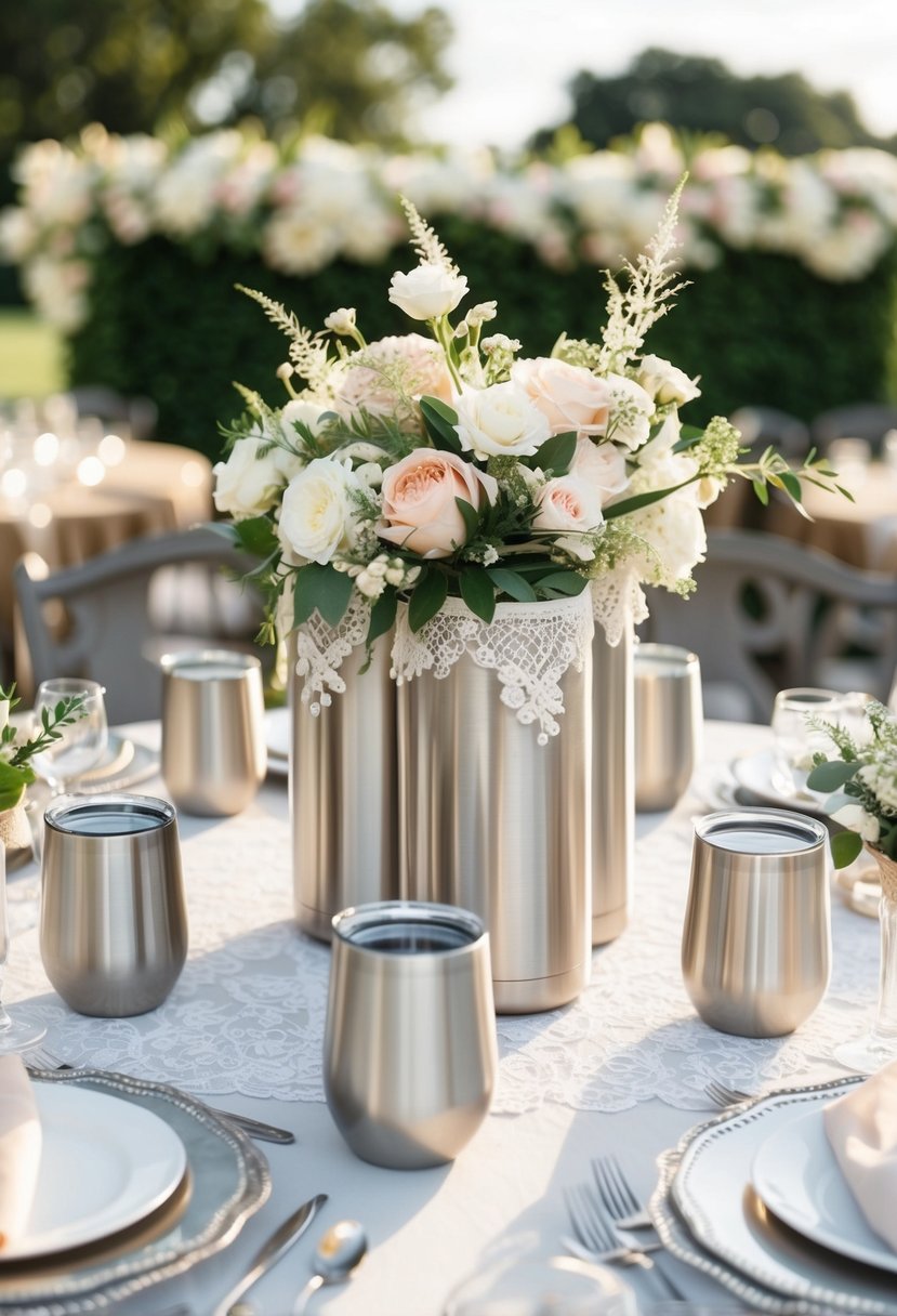 A table set with elegant stainless steel tumblers, adorned with floral arrangements and delicate lace details for a wedding celebration