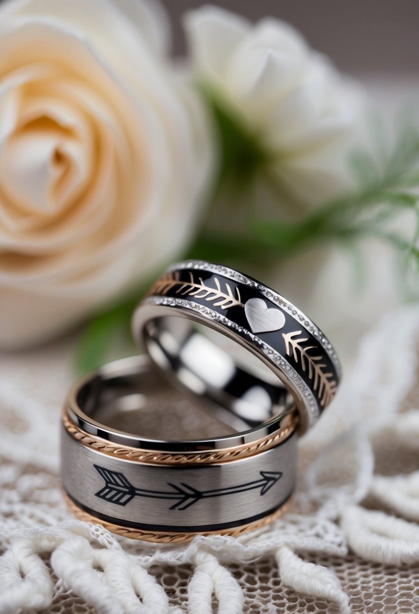 A close-up shot of two intertwined wedding rings with a tattoo of a heart and arrow, set against a backdrop of delicate lace and flowers