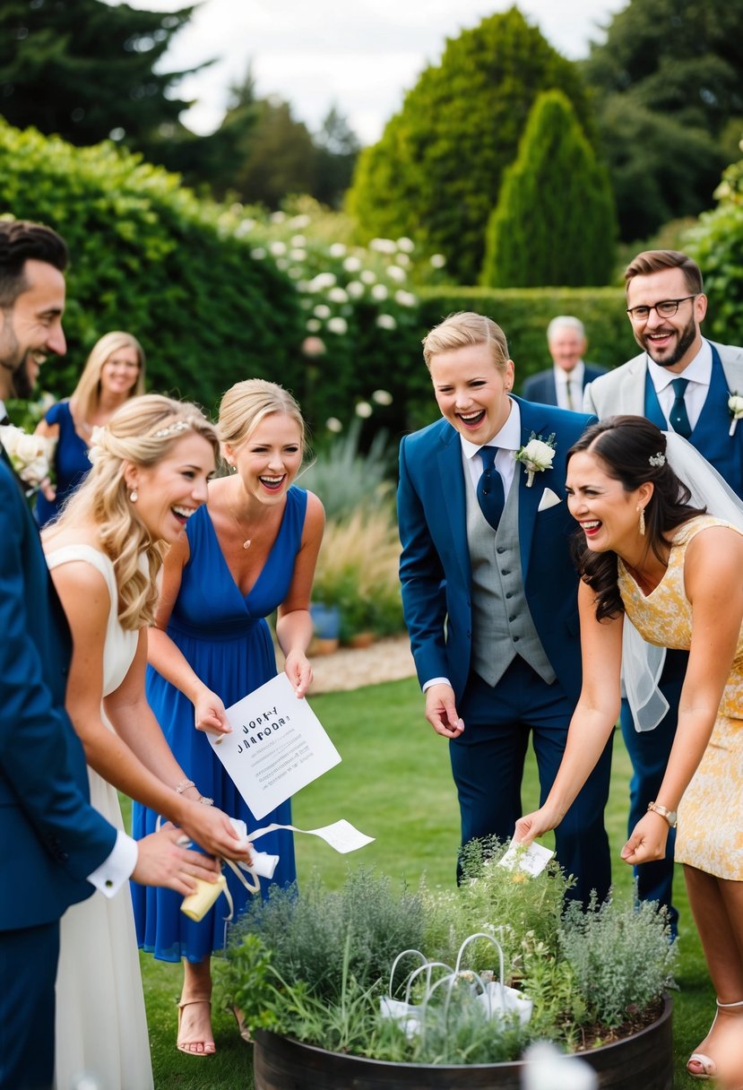 Guests laughing as they search for hidden items in a garden, while the bride and groom watch with joy