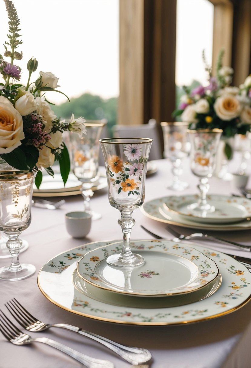 A table set with elegant floral-themed wedding drinkware, featuring delicate patterns and vibrant colors