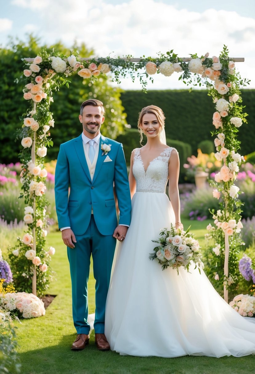 A couple wearing matching wedding attire stands in a garden, surrounded by flowers and decorative elements