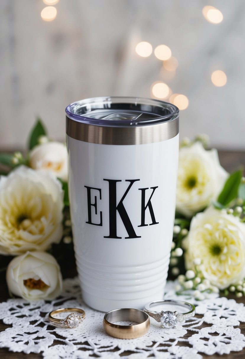 A monogrammed initials coffee tumbler sits on a lace doily, surrounded by delicate flowers and wedding rings