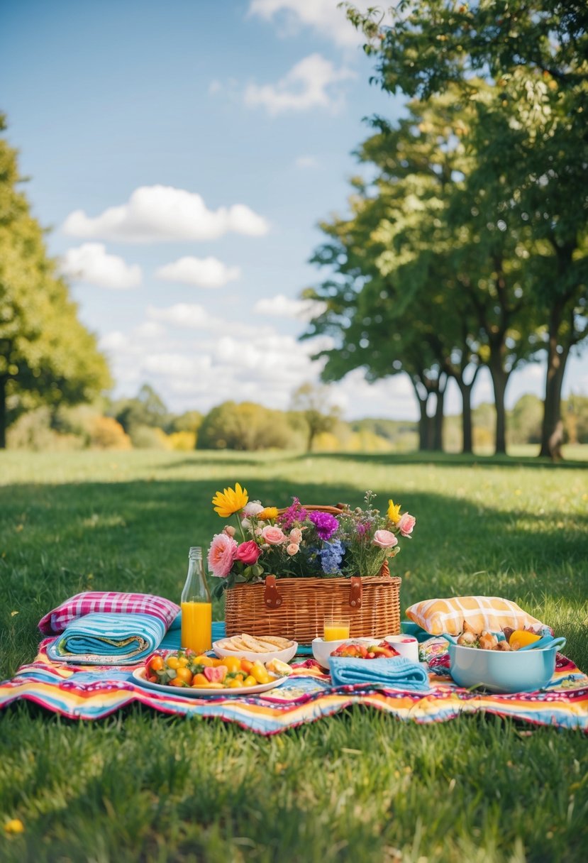 A colorful picnic spread with flowers, blankets, and food laid out on the grass, surrounded by trees and a sunny sky