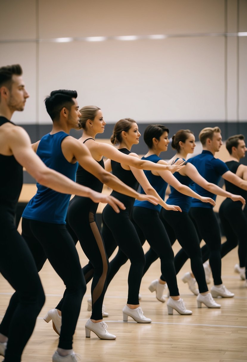 A group of people forming a line and moving to the side, back, and forward in a synchronized dance routine