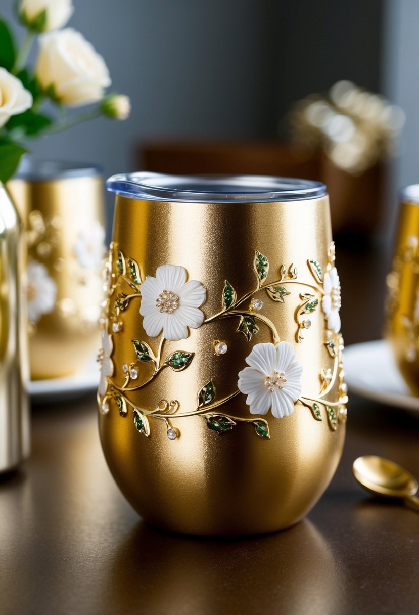 A glistening gold foil wedding tumbler adorned with elegant floral and vine designs