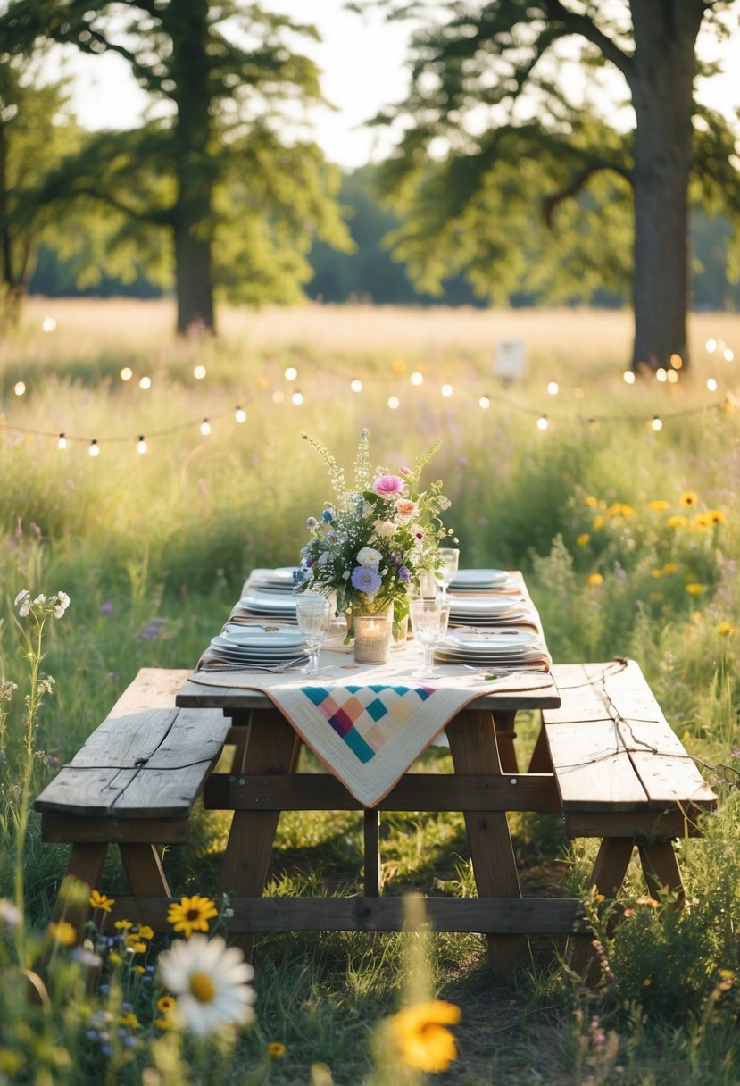 A cozy picnic wedding in a sun-dappled clearing, with wildflowers, vintage quilts, and fairy lights adorning a rustic wooden table