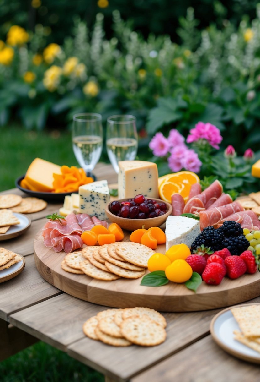 A wooden picnic table adorned with an array of gourmet cheeses, cured meats, fresh fruits, and artisanal crackers, set against a backdrop of lush greenery and blooming flowers