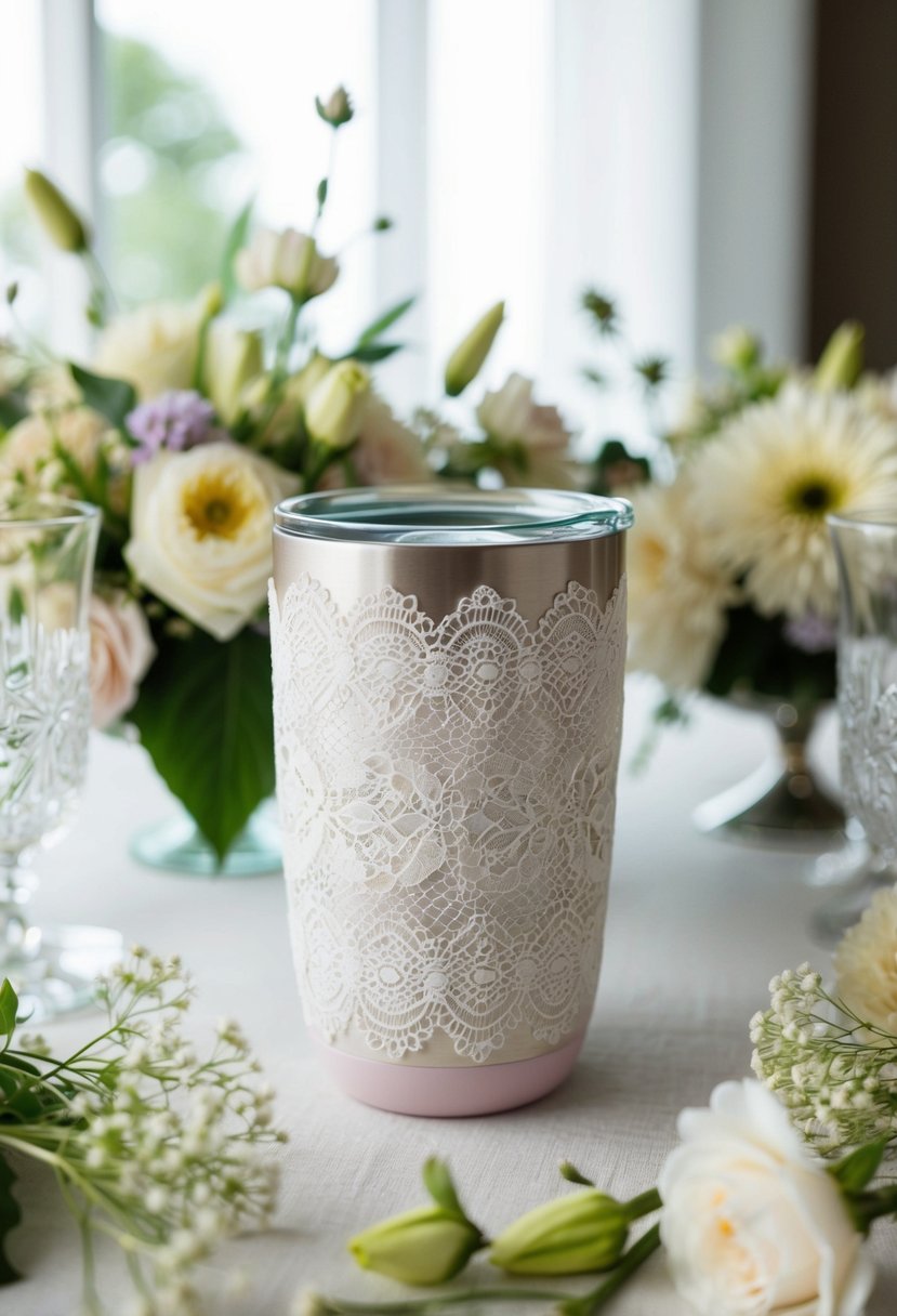 An elegant lace design tumbler sits on a table surrounded by delicate flowers and wedding decor