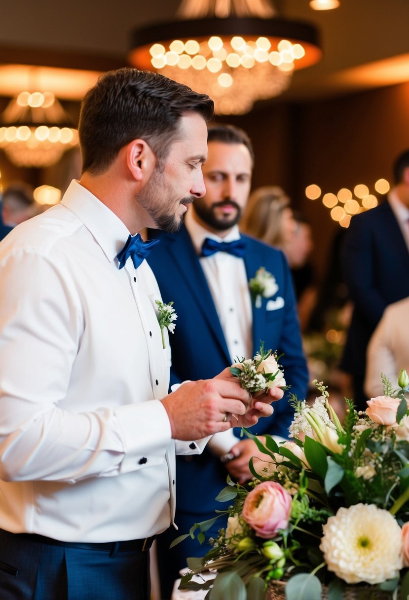 A bow-tied guest admiring floral arrangements at a wedding reception