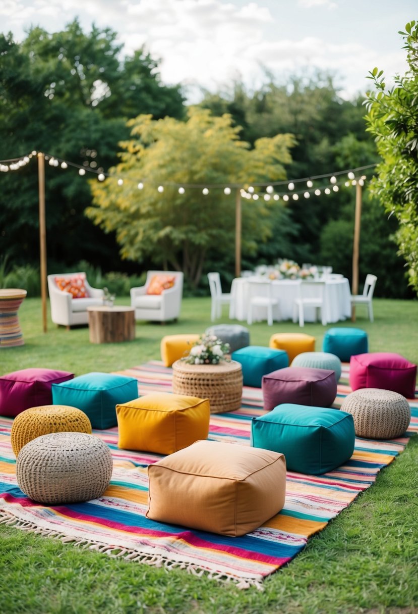 Colorful blankets and poufs scattered around a lush outdoor setting, with a mix of seating for a picnic wedding celebration