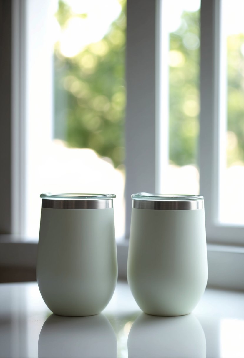 Two elegant, minimalist-style bridal tumblers sit side by side on a clean, white tabletop, catching the soft glow of natural light filtering through a nearby window