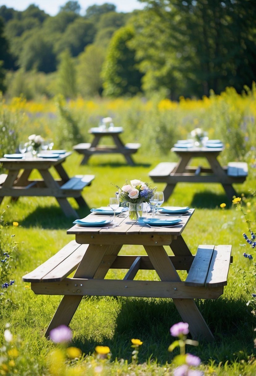 A sun-dappled blueberry patch with rustic picnic tables and wildflowers, set for a wedding celebration