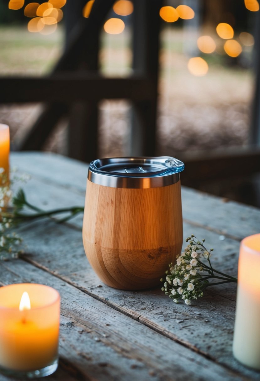 A wooden drink tumbler sits on a weathered barn table, adorned with delicate flowers and surrounded by flickering candlelight